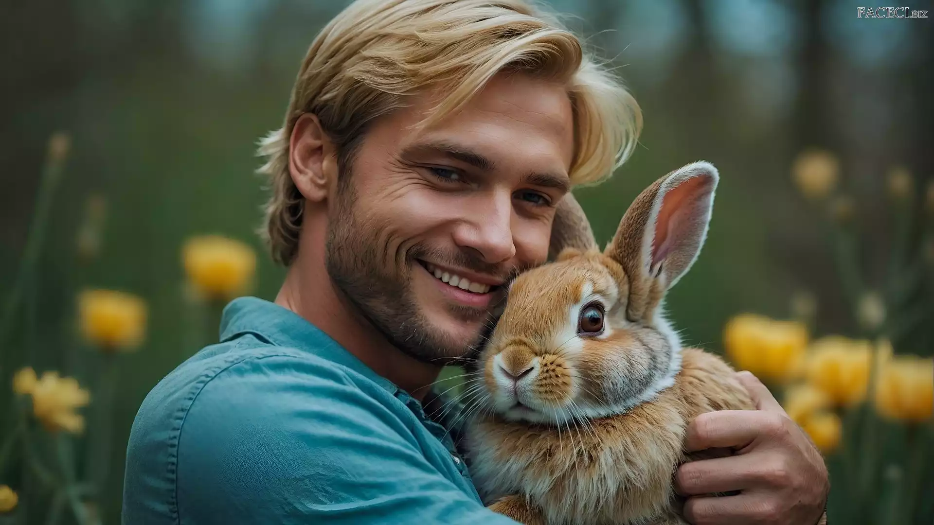 Mężczyzna, Blondyn, Królik, Uśmiech